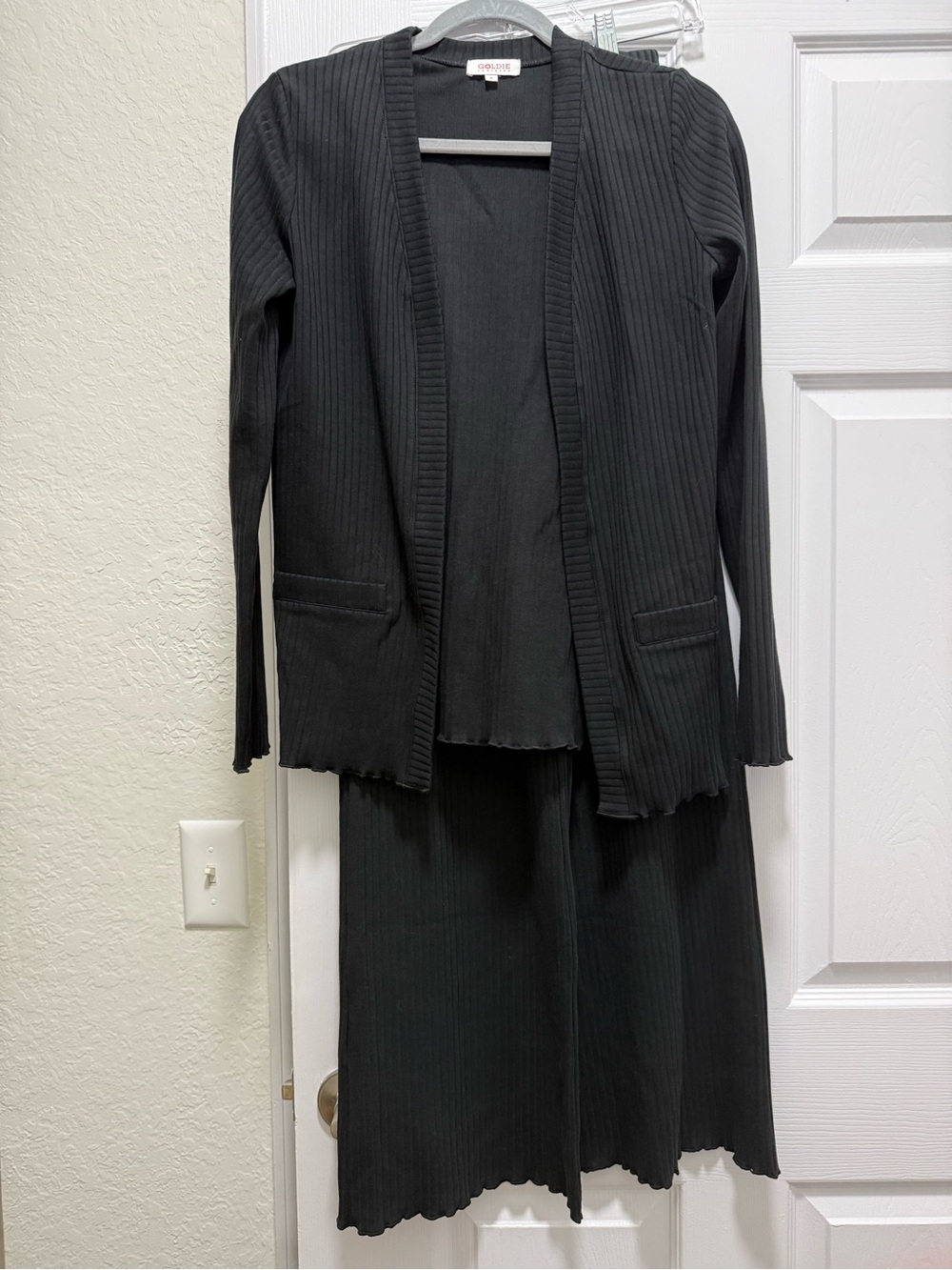 Goldie Peruvian cotton ribbed pointelle  knit cardigan and pants set NEW